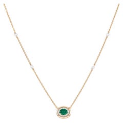 Collar Colgante Halo de Esmeralda Ovalada y Diamante Natural en Oro Macizo de 14k (Certificado)