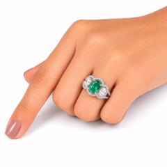 1.84 carat Natural Oval Emerald Diamond Three-Stone Ring, 14k White Gold