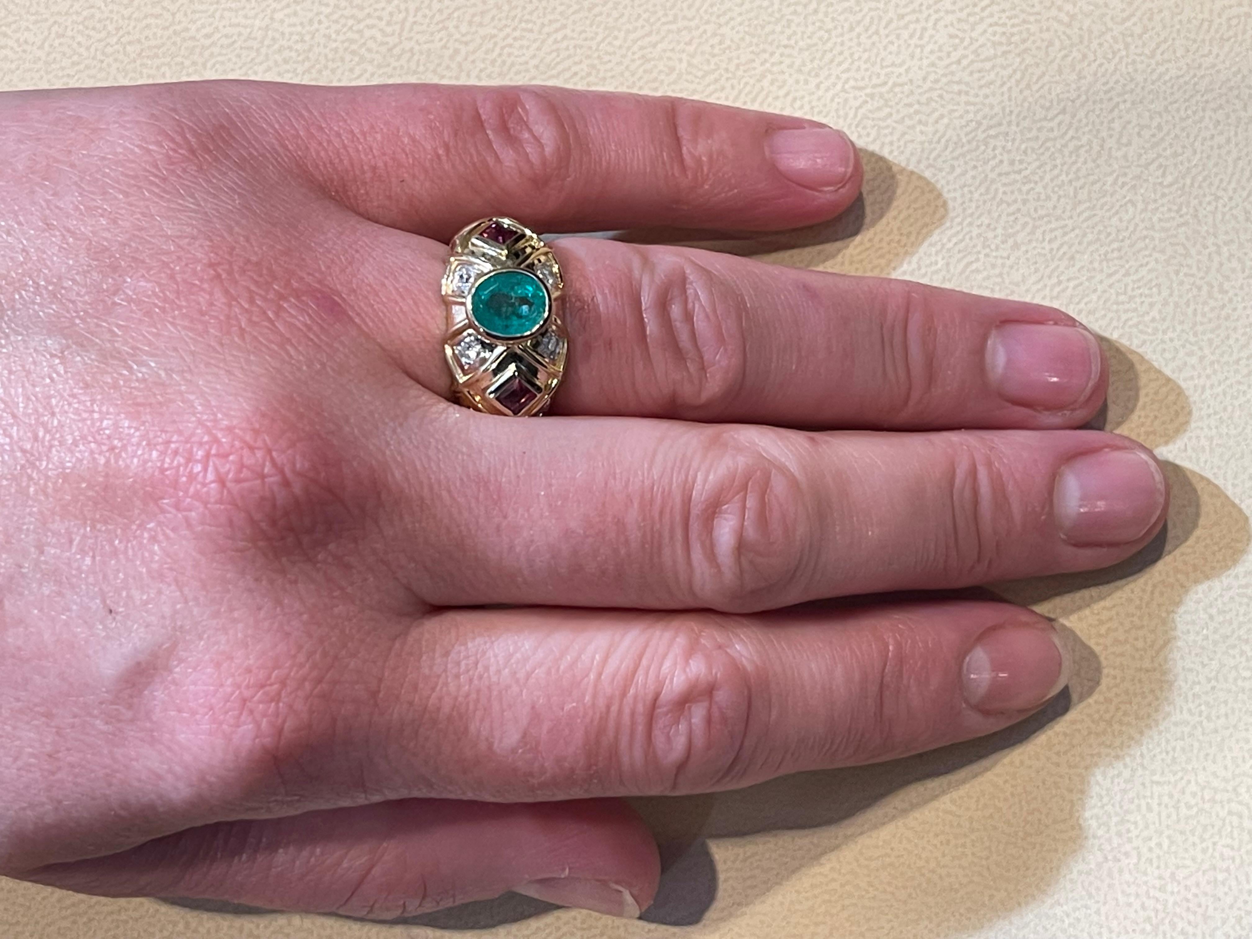 Oval Emerald , Pink Tourmaline  Diamond Ring 18 Karat Yellow Gold,  Size 6.5 For Sale 8