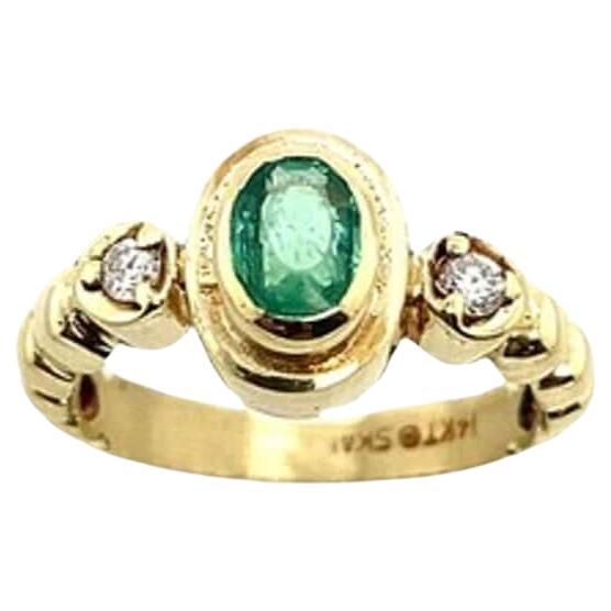 Oval Emerald & Round Diamonds 3-Stone Ring Set in 14ct Yellow Gold For Sale