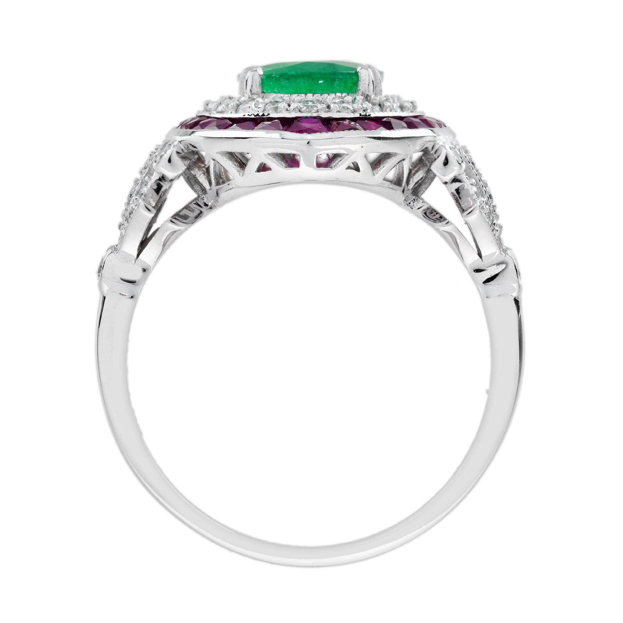 Oval Emerald Ruby & Diamond Art Deco Style Floral 18K White Gold Halo Ring Neuf - En vente à Oakton, VA