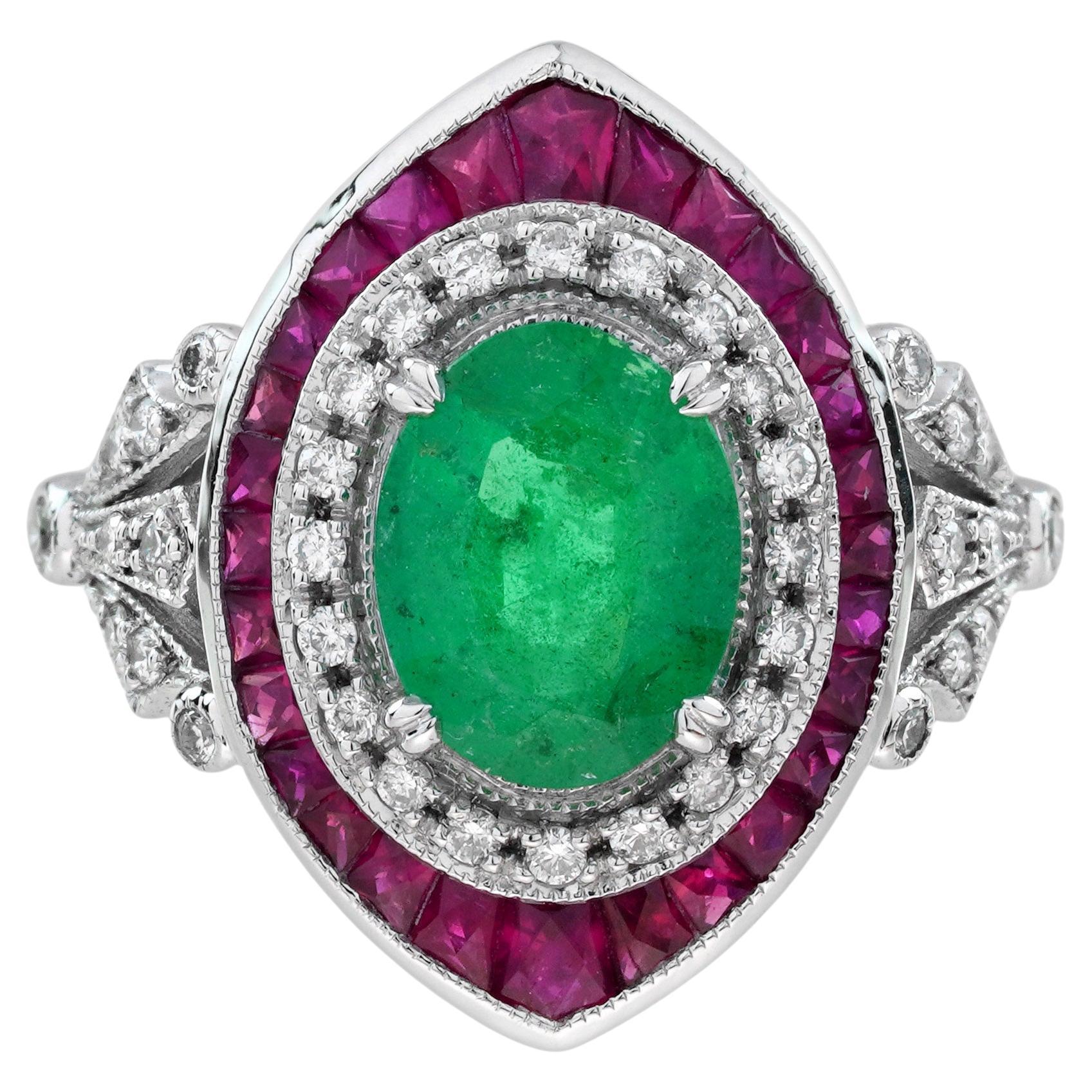 Oval Emerald Ruby & Diamond Art Deco Style Floral 18K White Gold Halo Ring
