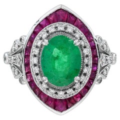 Oval Emerald Ruby & Diamond Art Deco Style Floral 18K White Gold Halo Ring