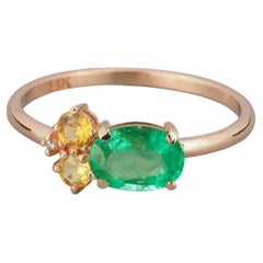 Oval Emerald, Sapphire and Diamonds 14k Gold Ring, Emerald Gold Ring