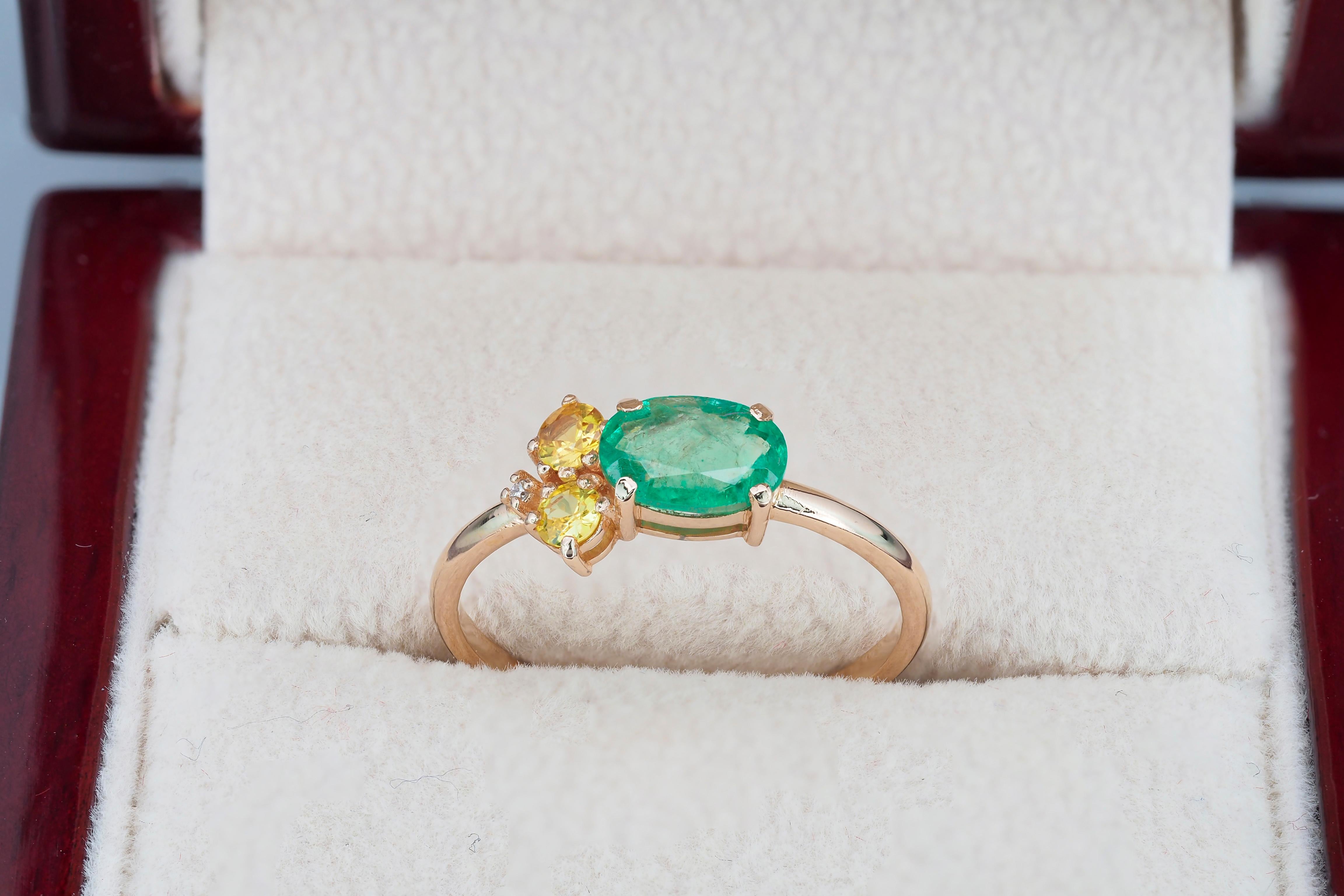 For Sale:  Oval Emerald, Sapphire and Diamonds 14k Gold Ring 5