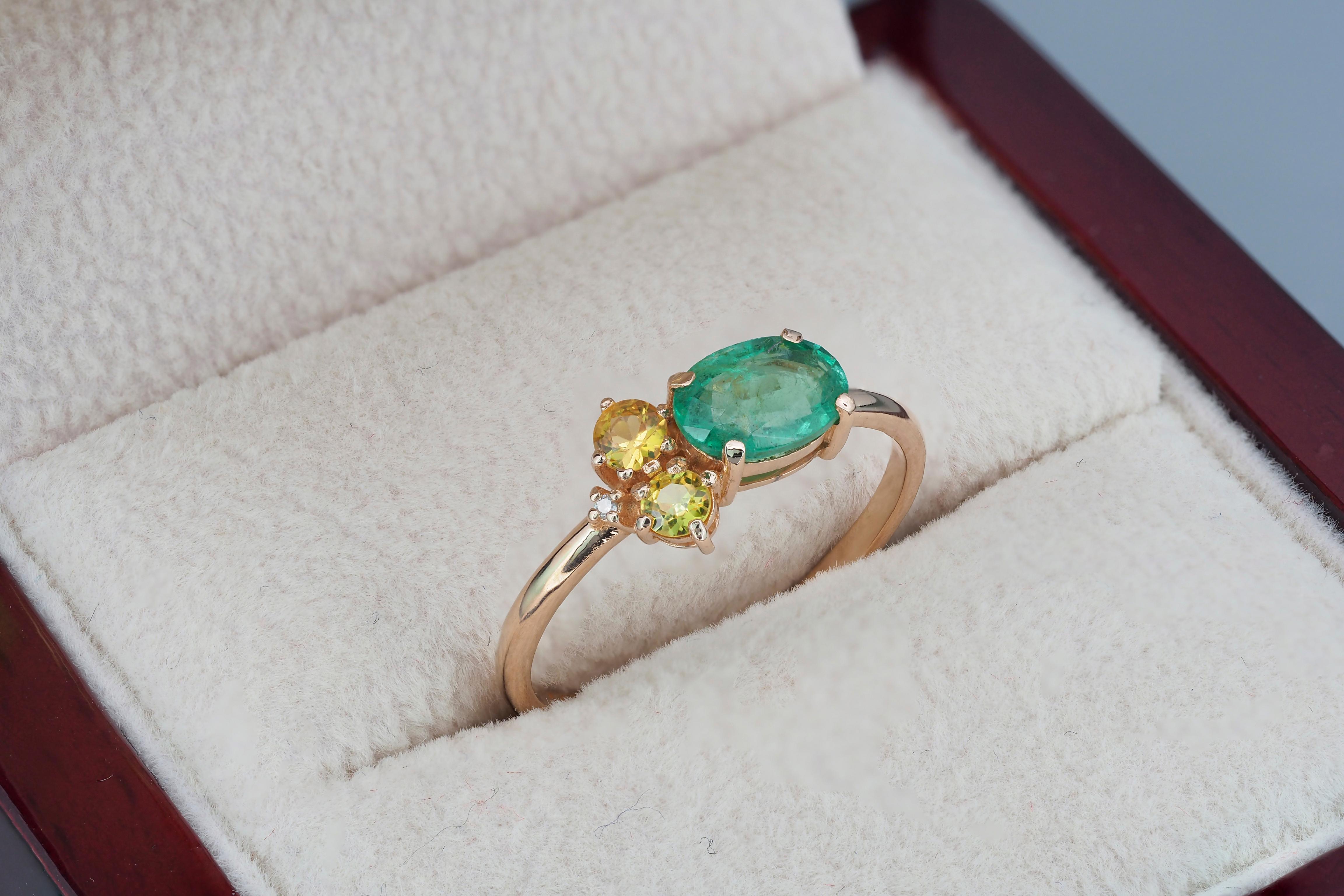 For Sale:  Oval Emerald, Sapphire and Diamonds 14k Gold Ring 6