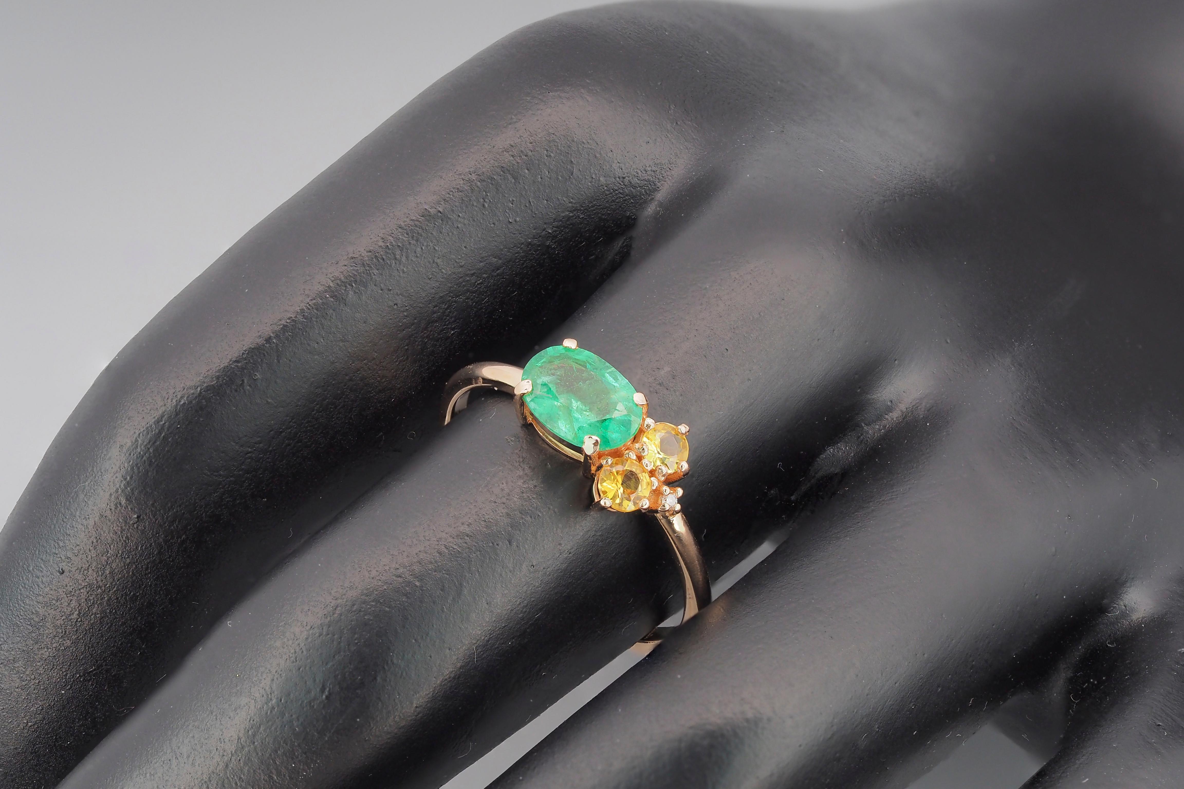 For Sale:  Oval Emerald, Sapphire and Diamonds 14k Gold Ring 8