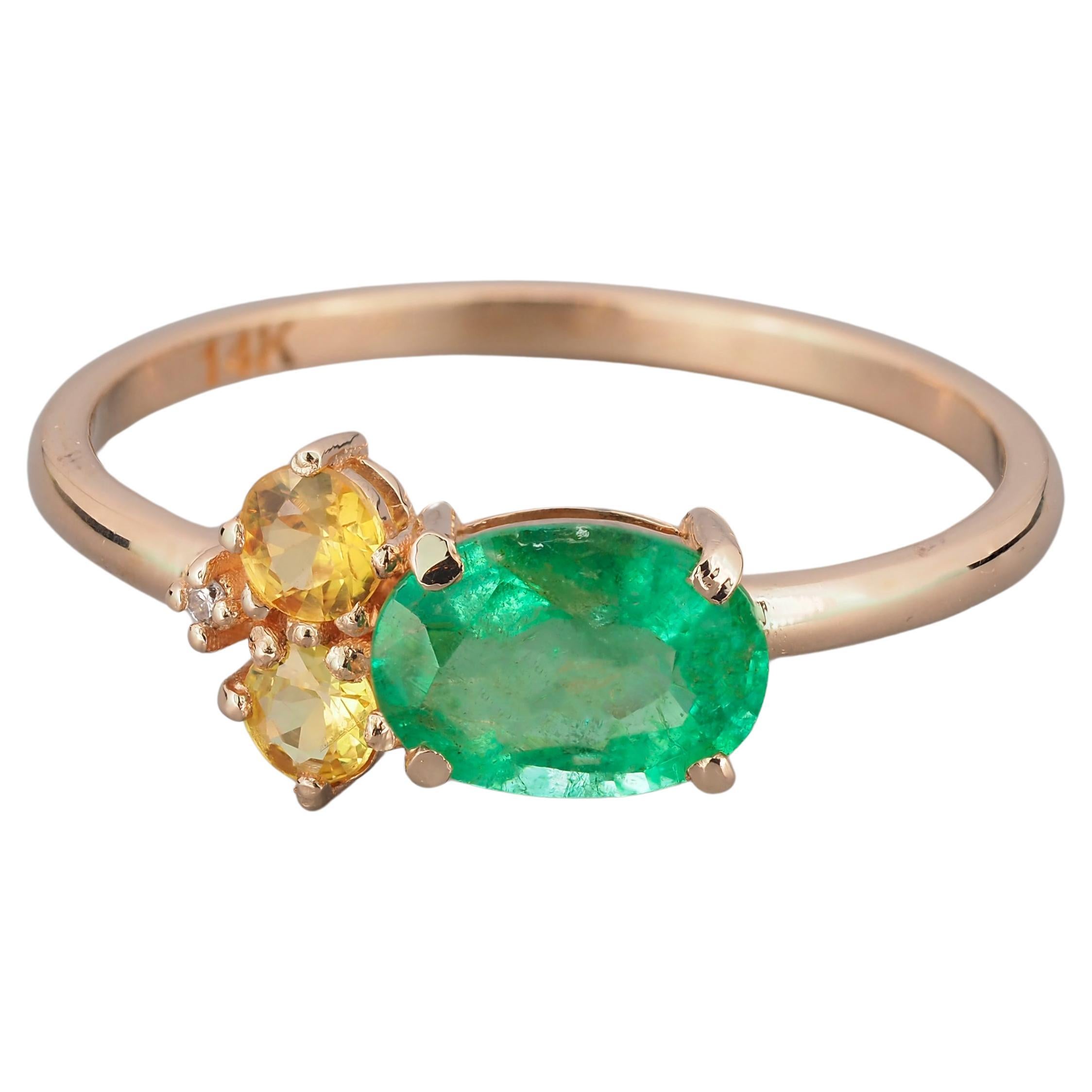 Oval emerald, sapphire and diamonds 14k gold ring.  For Sale