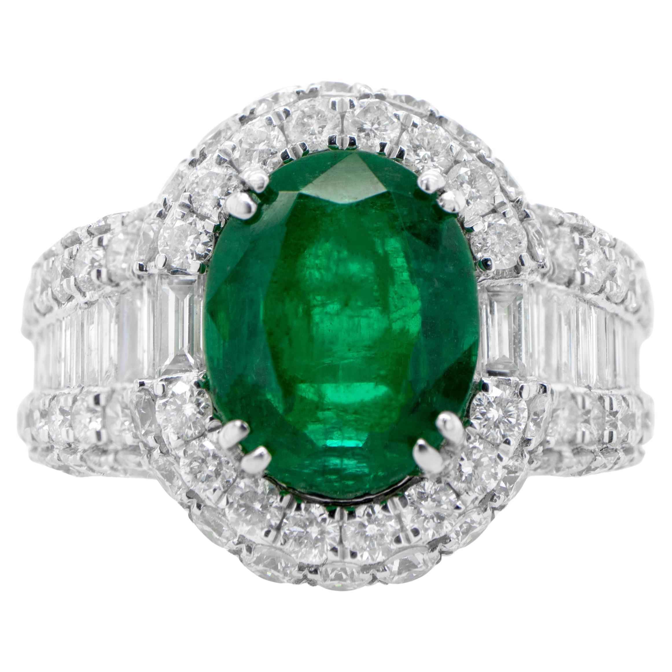 Oval Emerald Statement Ring With Diamond Setting 5.22 Carats 18K Gold For Sale