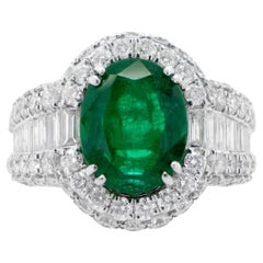 Oval Emerald Statement Ring With Diamond Setting 5.22 Carats 18K Gold