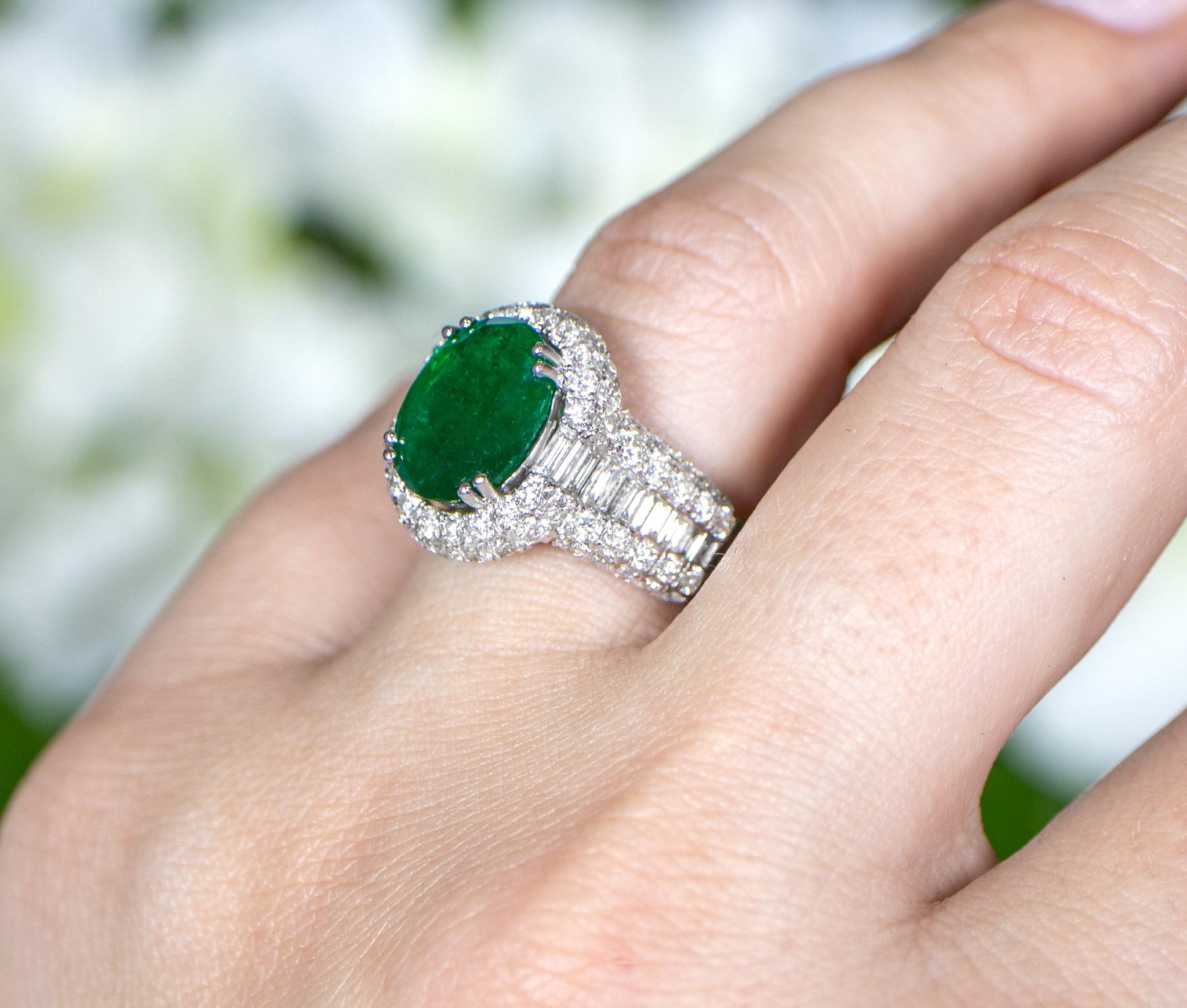 Oval Cut Oval Emerald Statement Ring With Diamond Setting 6.31 Carats 18K Gold For Sale