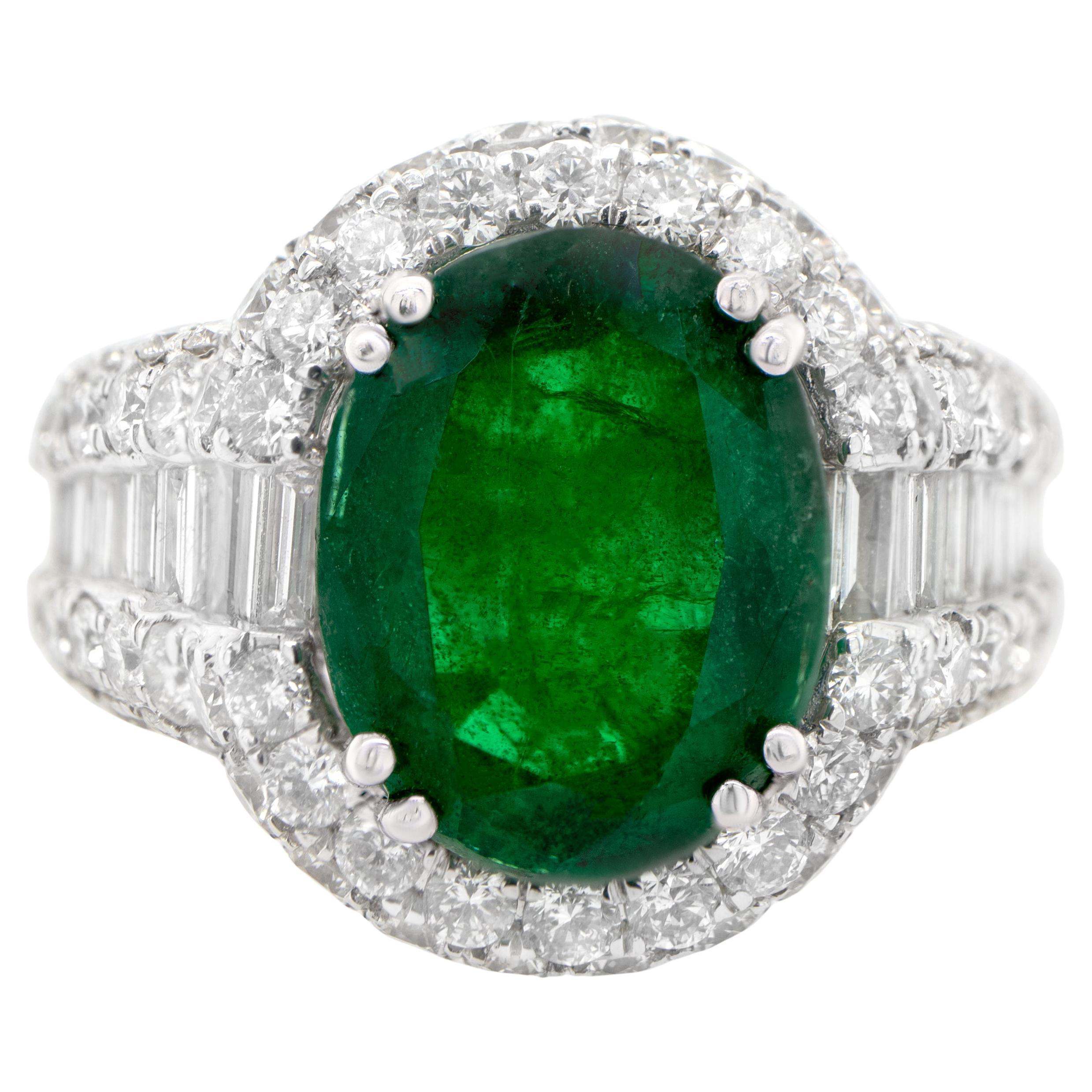 Oval Emerald Statement Ring With Diamond Setting 6.31 Carats 18K Gold For Sale