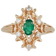 Oval Emerald White Diamond Marquise Classic Vintage Antique Ring 14 Karat Gold