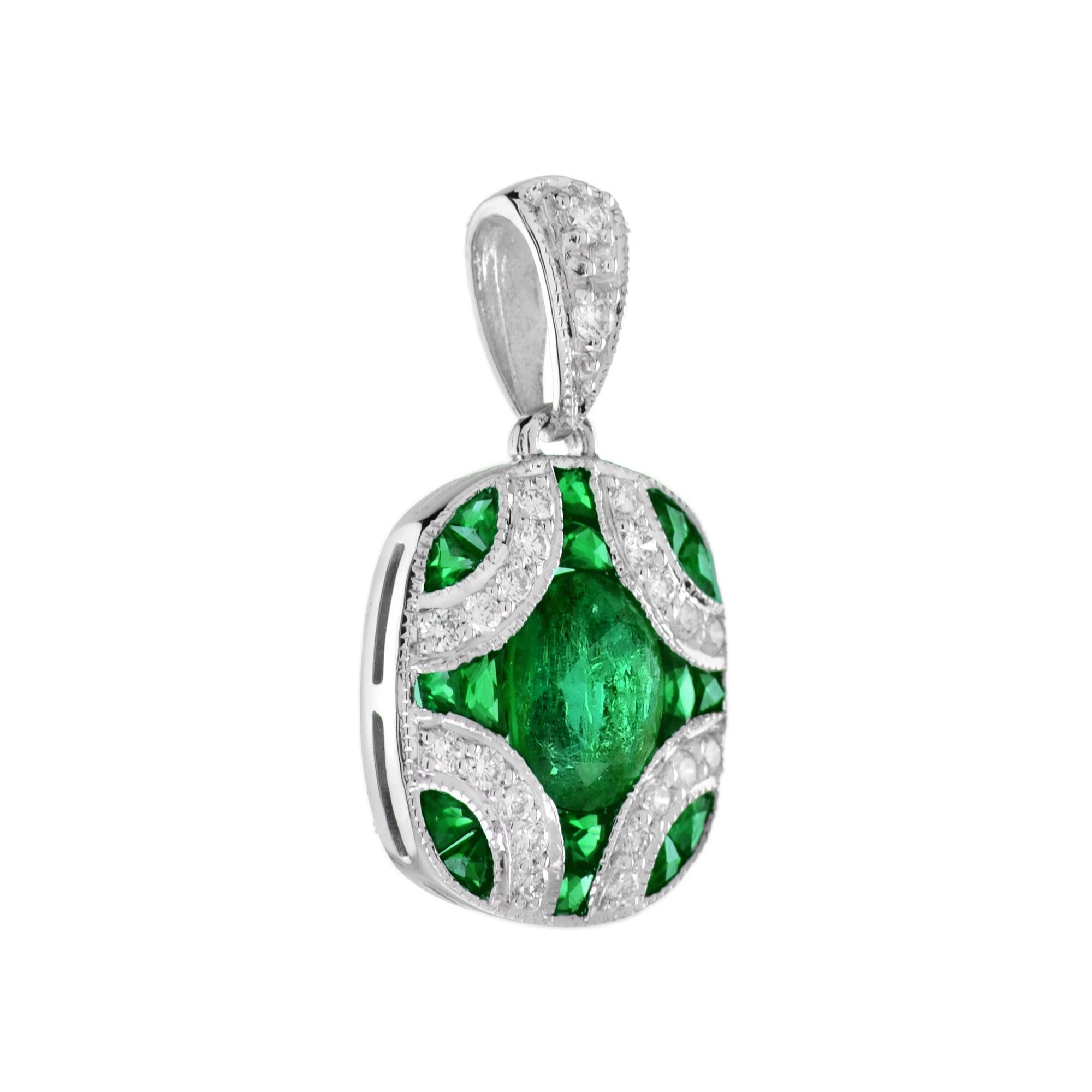 Ovaler Smaragd mit Diamant-Art-Déco-Anhänger aus 18 Karat Weißgold (Art déco) im Angebot