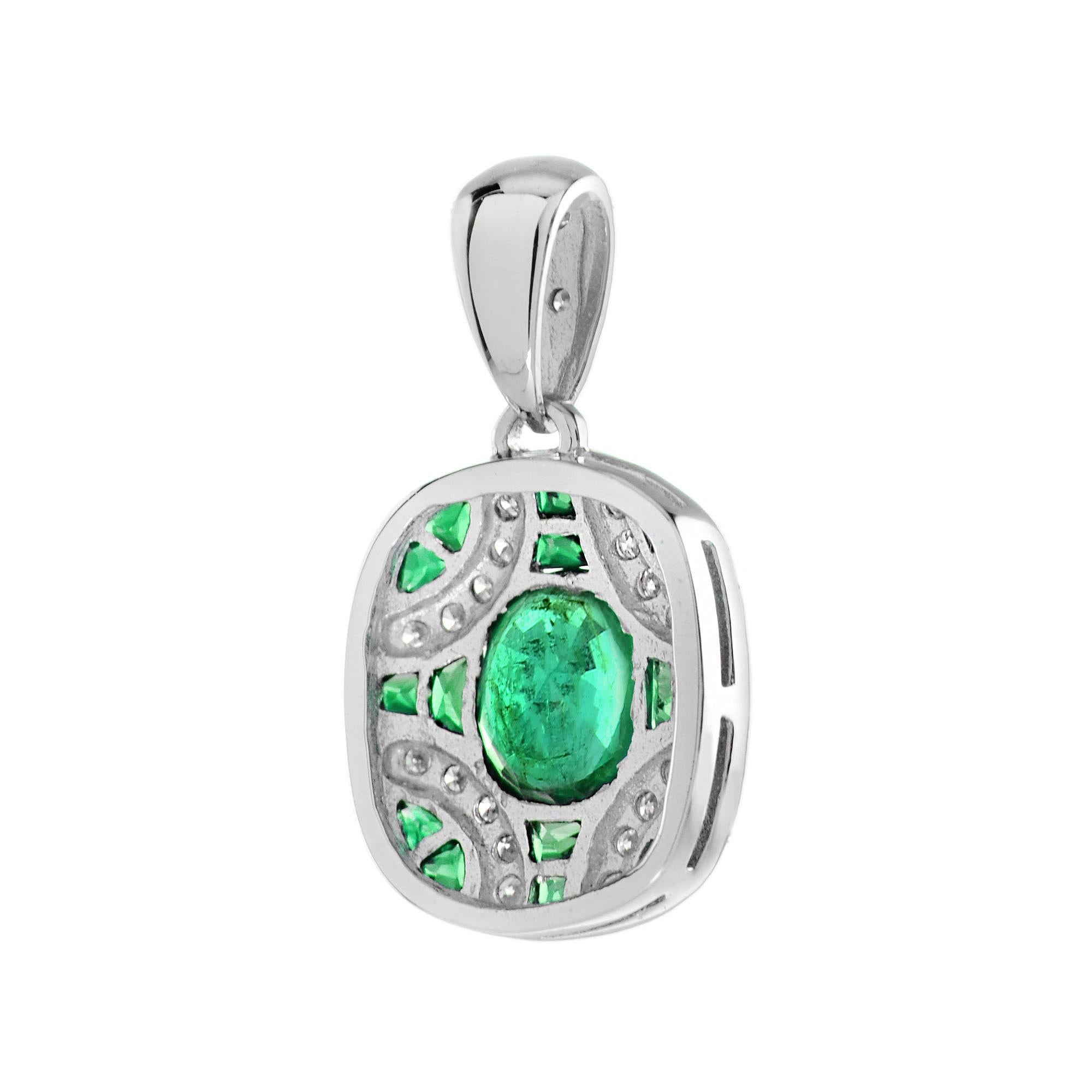 Ovaler Smaragd mit Diamant-Art-Déco-Anhänger aus 18 Karat Weißgold (Ovalschliff) im Angebot