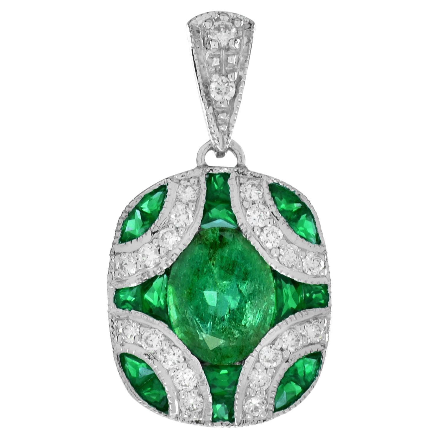 Oval Emerald with Diamond Art Deco Pendant in 18K White Gold