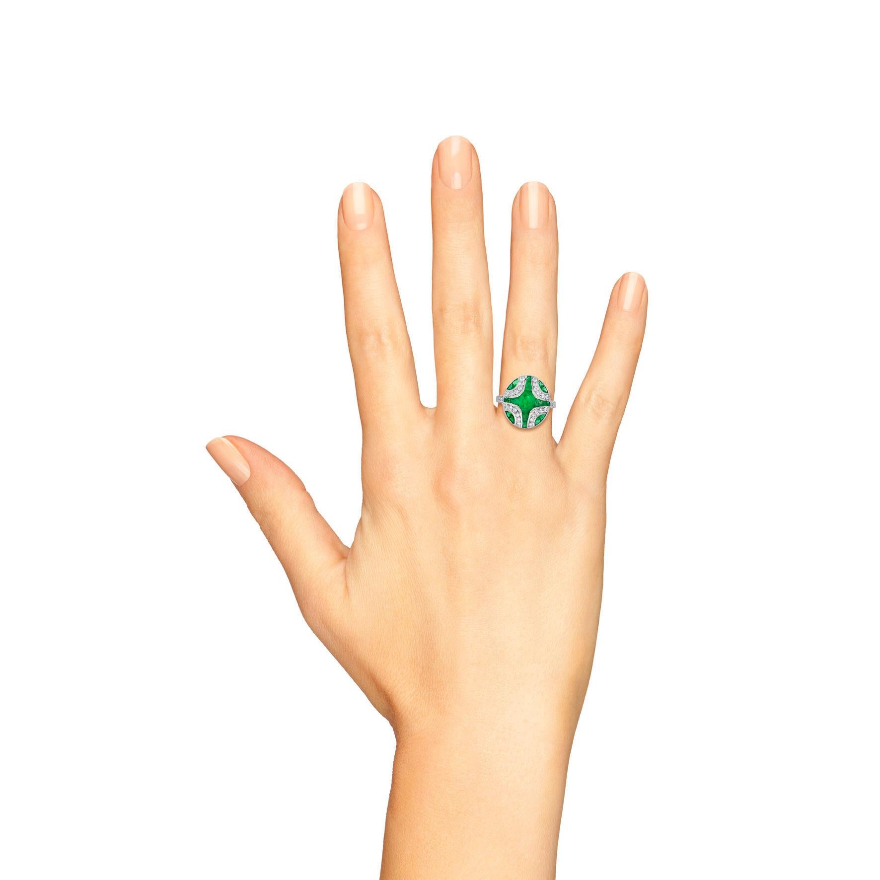 Oval Emerald with Diamond Art Deco Style Ring in 18K White Gold 4