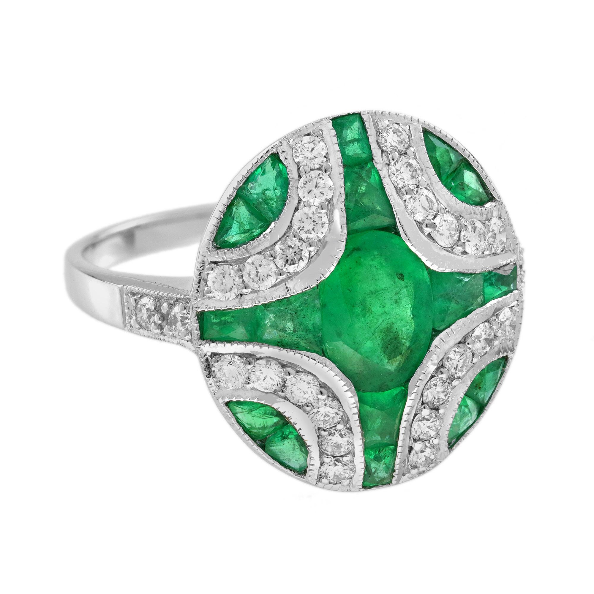 Oval Emerald with Diamond Art Deco Style Ring in 18K White Gold In New Condition In Bangkok, TH