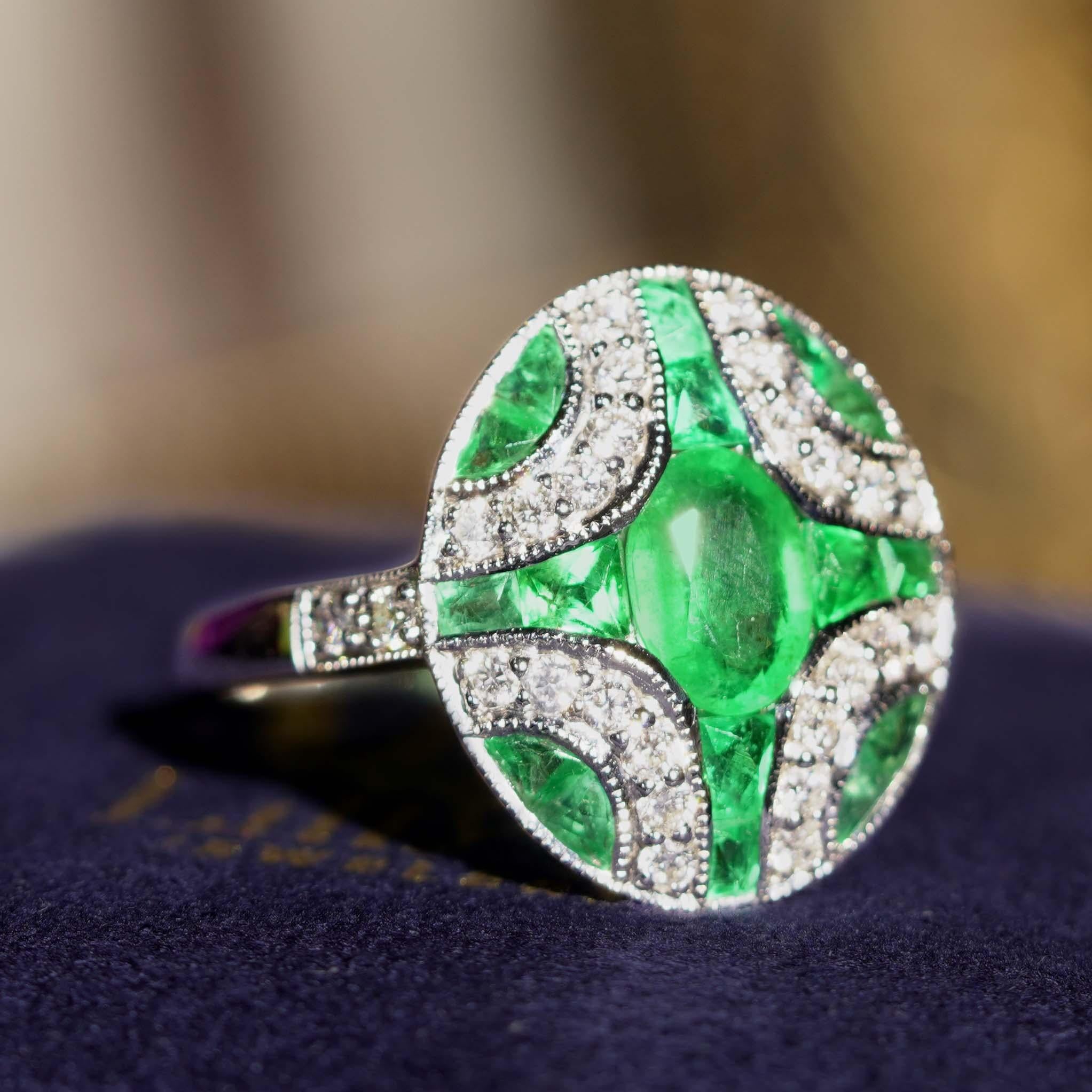 Oval Cut Oval Emerald with Diamond Art Deco Style Ring in 18K White Gold
