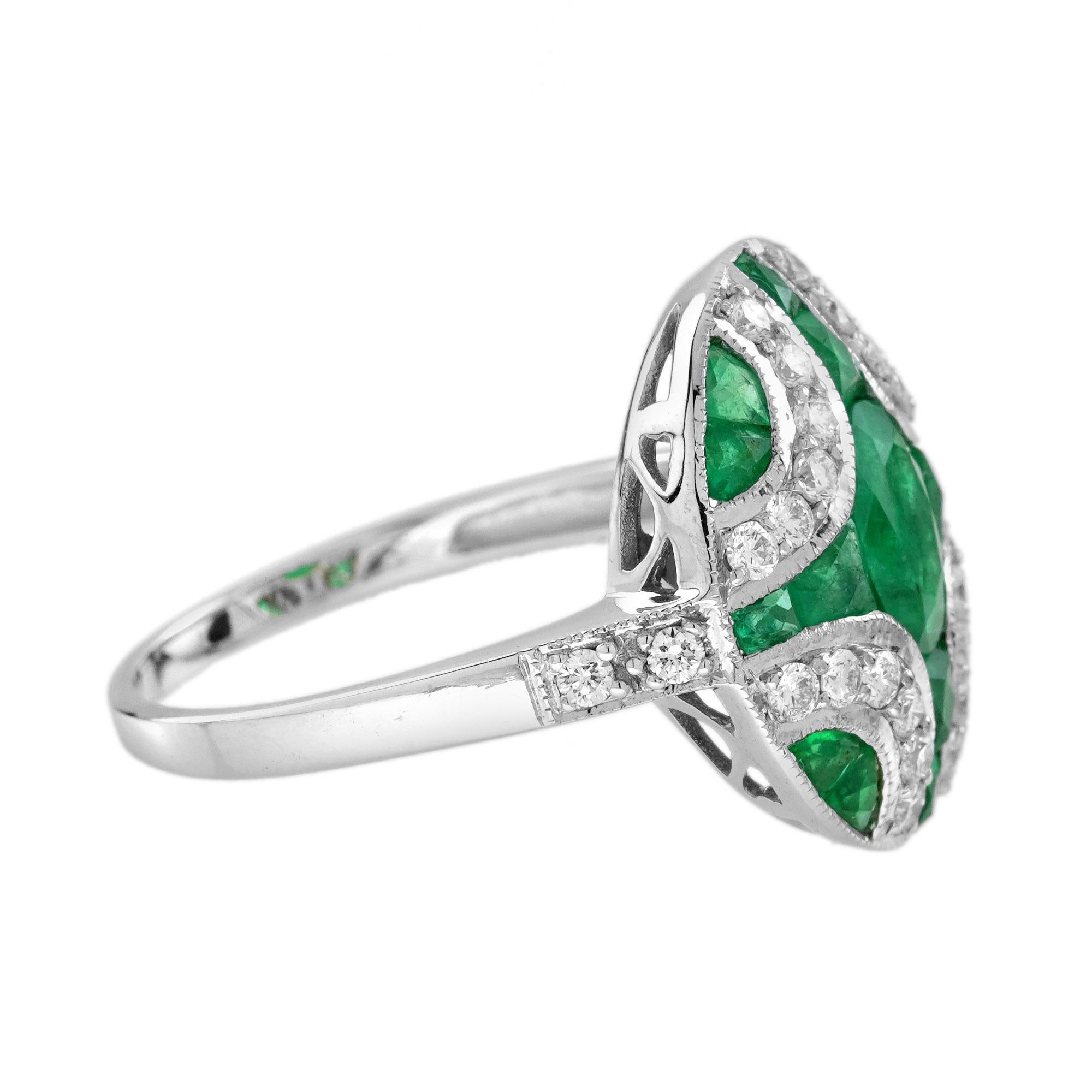 Women's Oval Emerald with Diamond Art Deco Style Ring in 18K White Gold