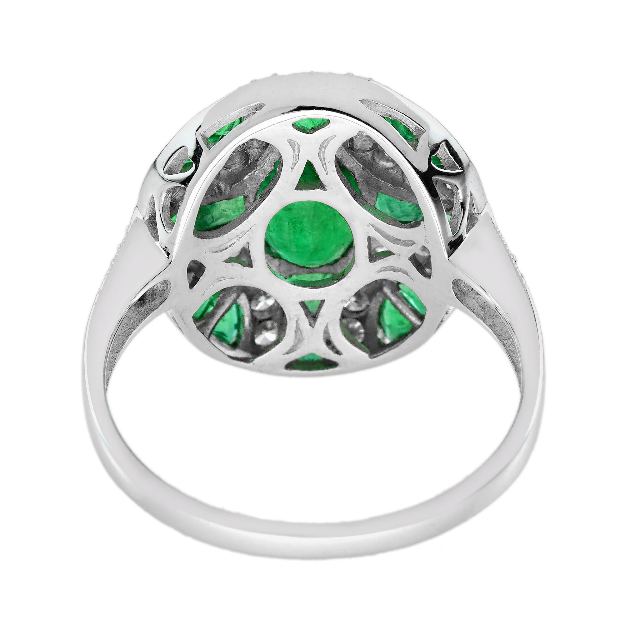 Oval Emerald with Diamond Art Deco Style Ring in 18K White Gold 1