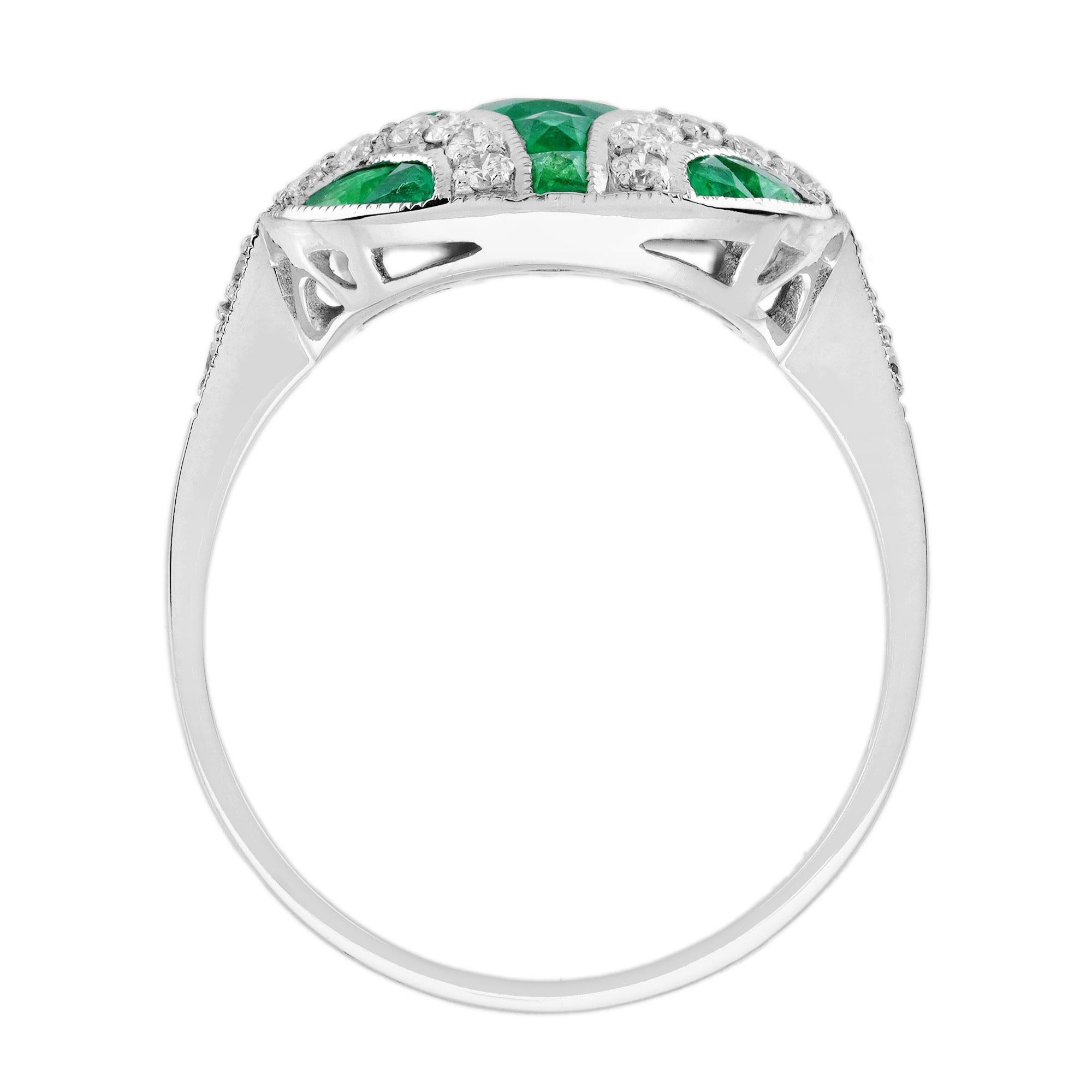 Oval Emerald with Diamond Art Deco Style Ring in 18K White Gold 2