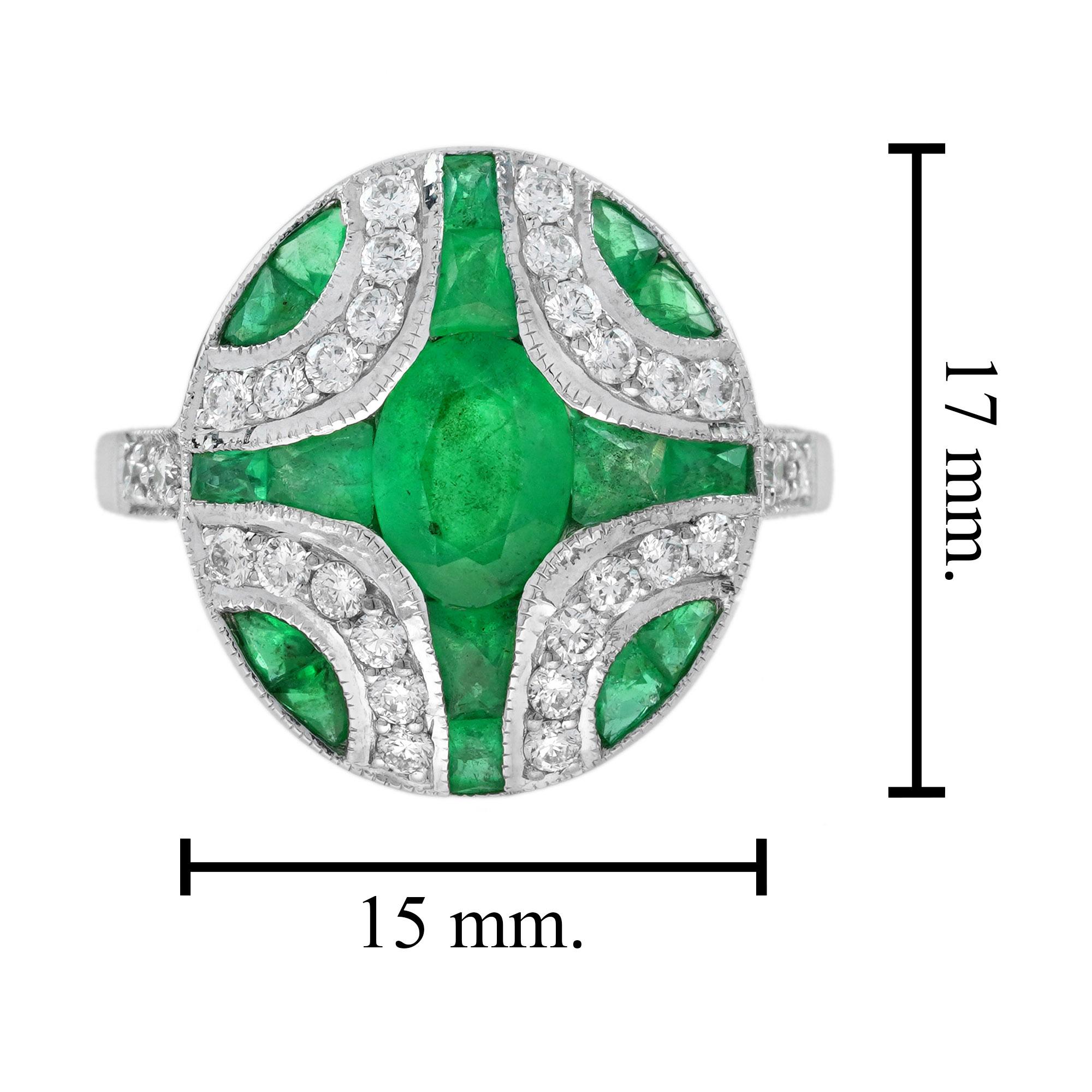 Oval Emerald with Diamond Art Deco Style Ring in 18K White Gold 3