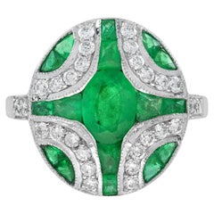 Oval Emerald with Diamond Art Deco Style Ring in 18K White Gold