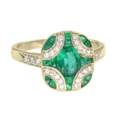 Oval Emerald with Diamond Art Deco Style Ring in 18K Yellow Gold