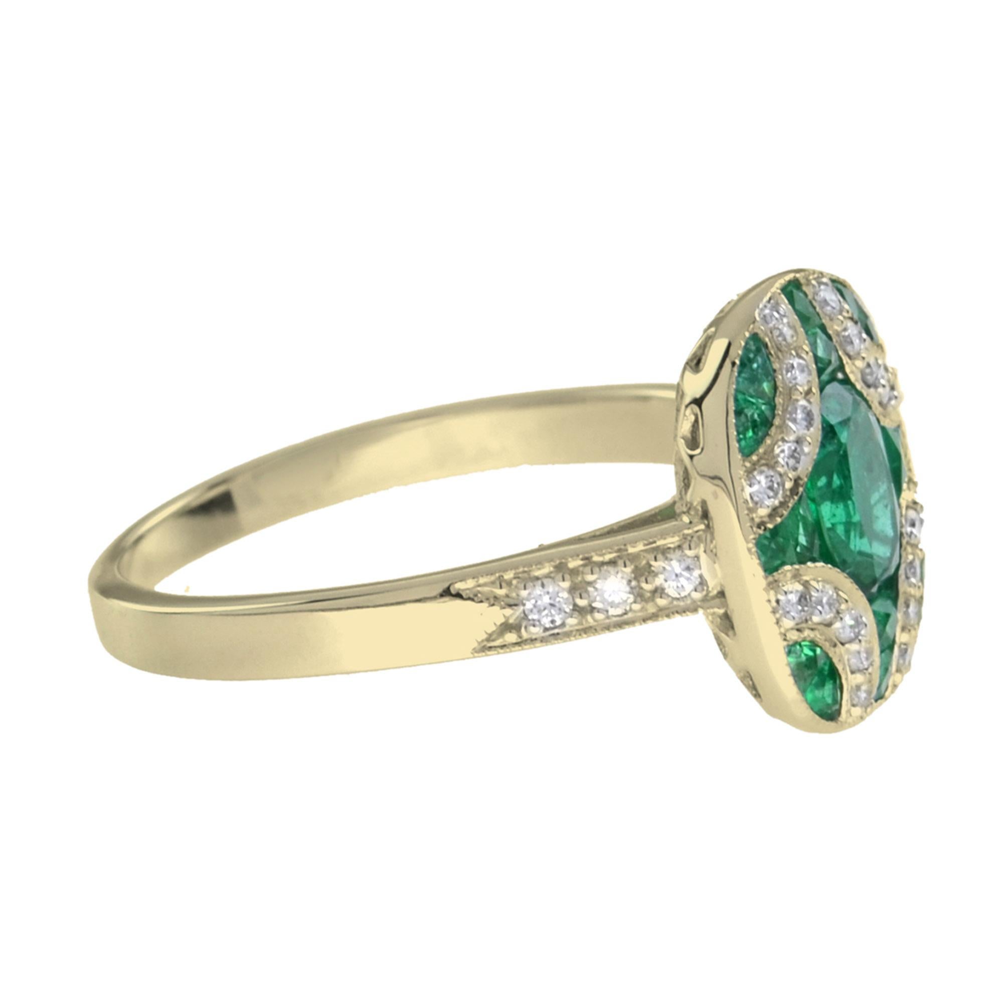 Taille ovale Bague de style Art déco en or jaune 18 carats avec émeraude ovale et diamant en vente