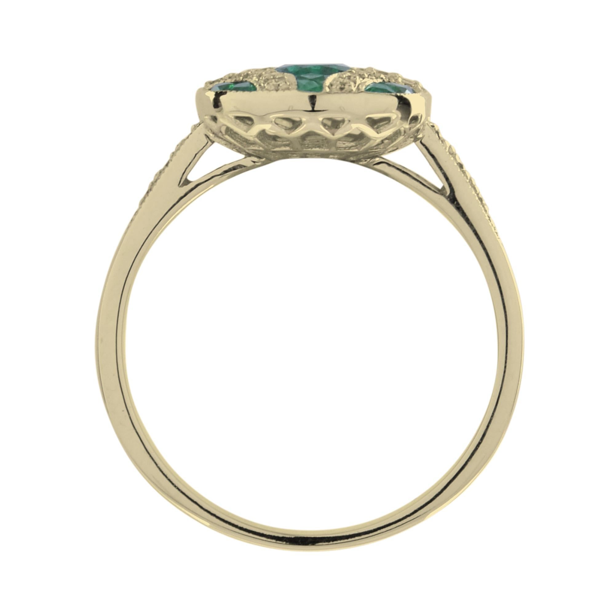 Bague de style Art déco en or jaune 18 carats avec émeraude ovale et diamant Pour femmes en vente