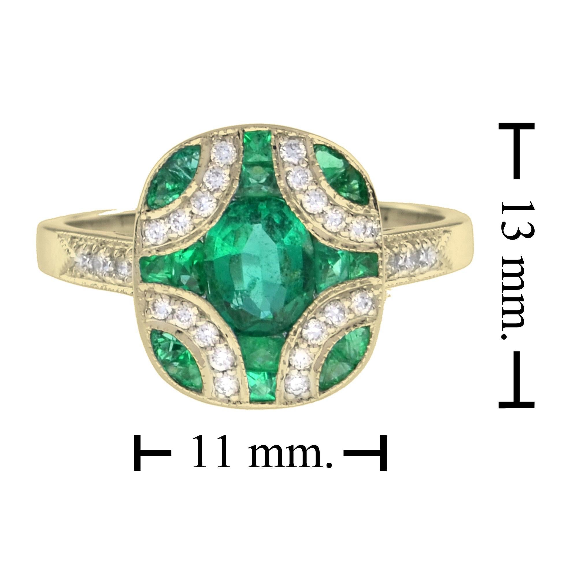 Bague de style Art déco en or jaune 18 carats avec émeraude ovale et diamant en vente 1