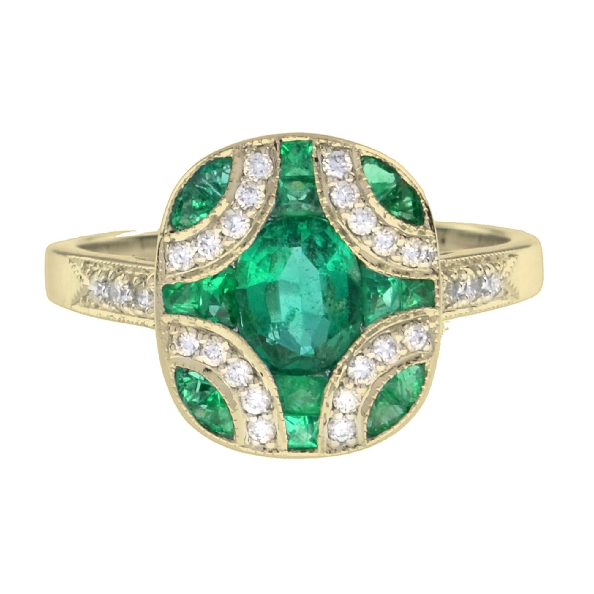 Bague de style Art déco en or jaune 18 carats avec émeraude ovale et diamant en vente