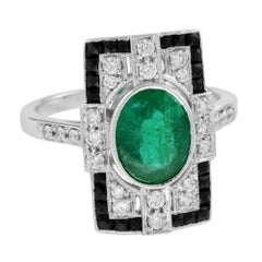 Oval Emerald with Diamond Onyx Rectangular Shape Ring in 18k White Gold