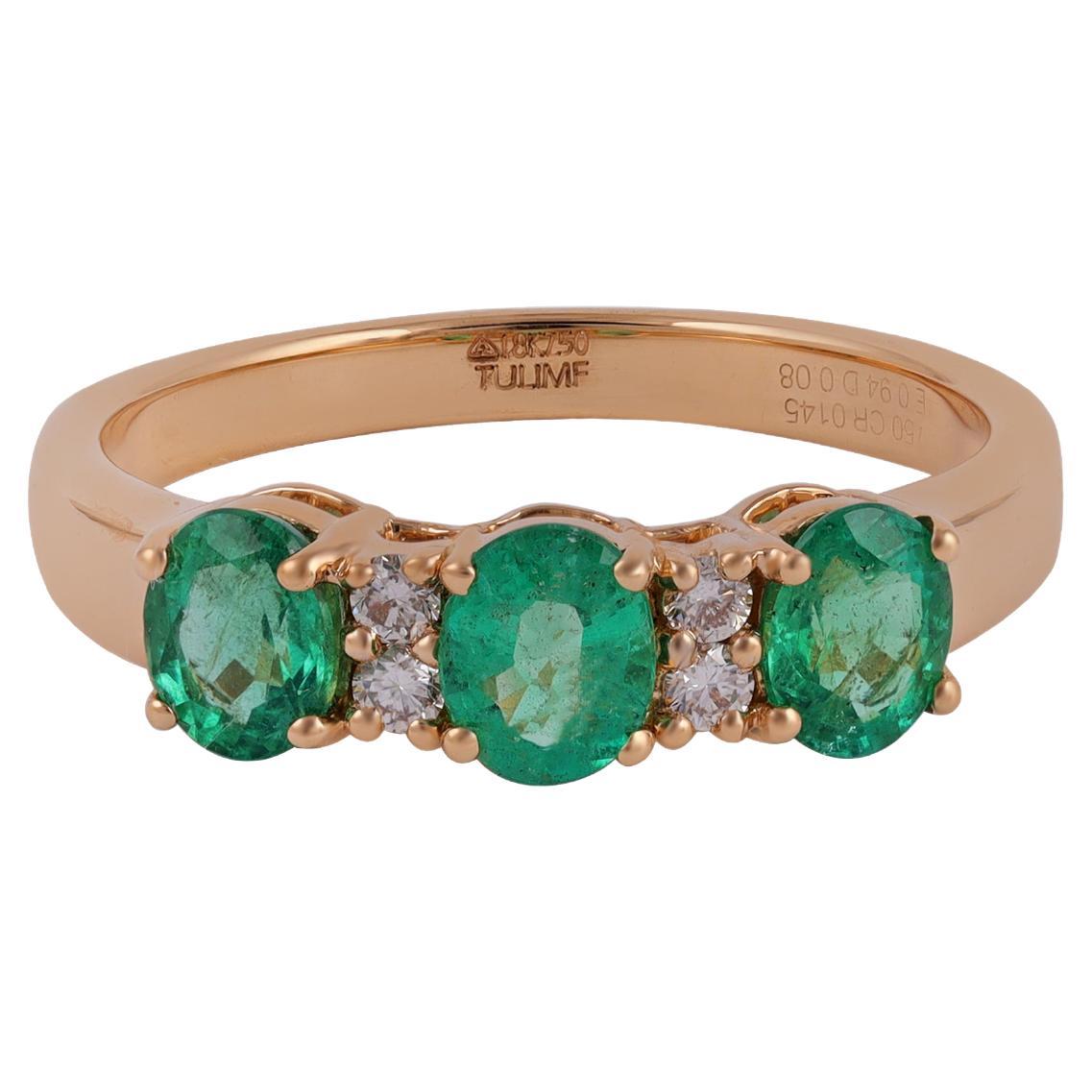 Oval Emeralds 0.94 Carat & Diamonds Ring Set in 18k Yellow Gold