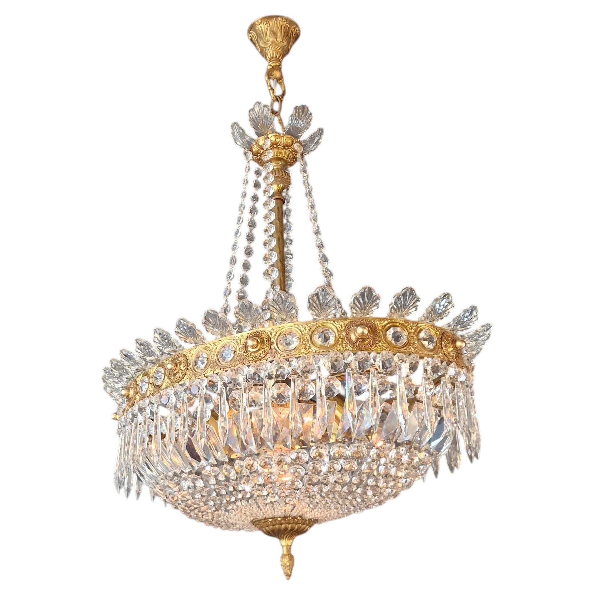 Oval Empire Style Crystal Chandelier Brass Neoclassical Light Restored Antique