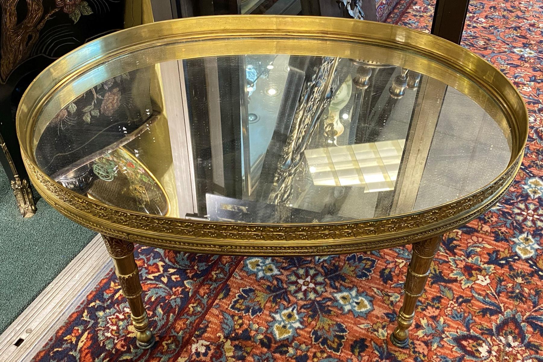 Oval Empire Style Mirrored Bronze Coffee Table In Good Condition In New York, NY