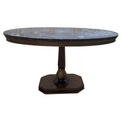 Oval Empire-Style Pedestal Table in Walnut and Marble, 20th Century