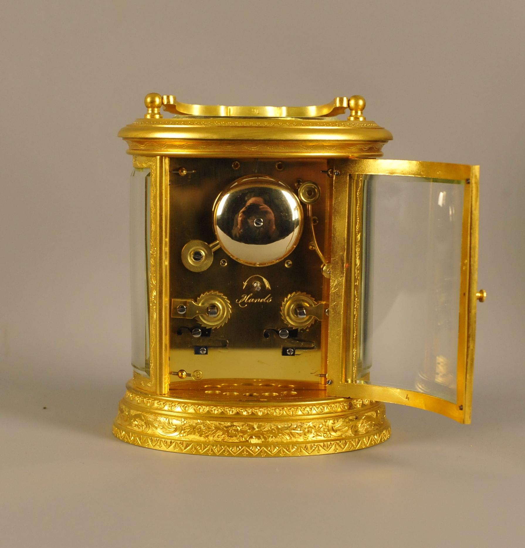 19th Century Oval Engraved Bell Striking Carriage Clock with Case For Sale