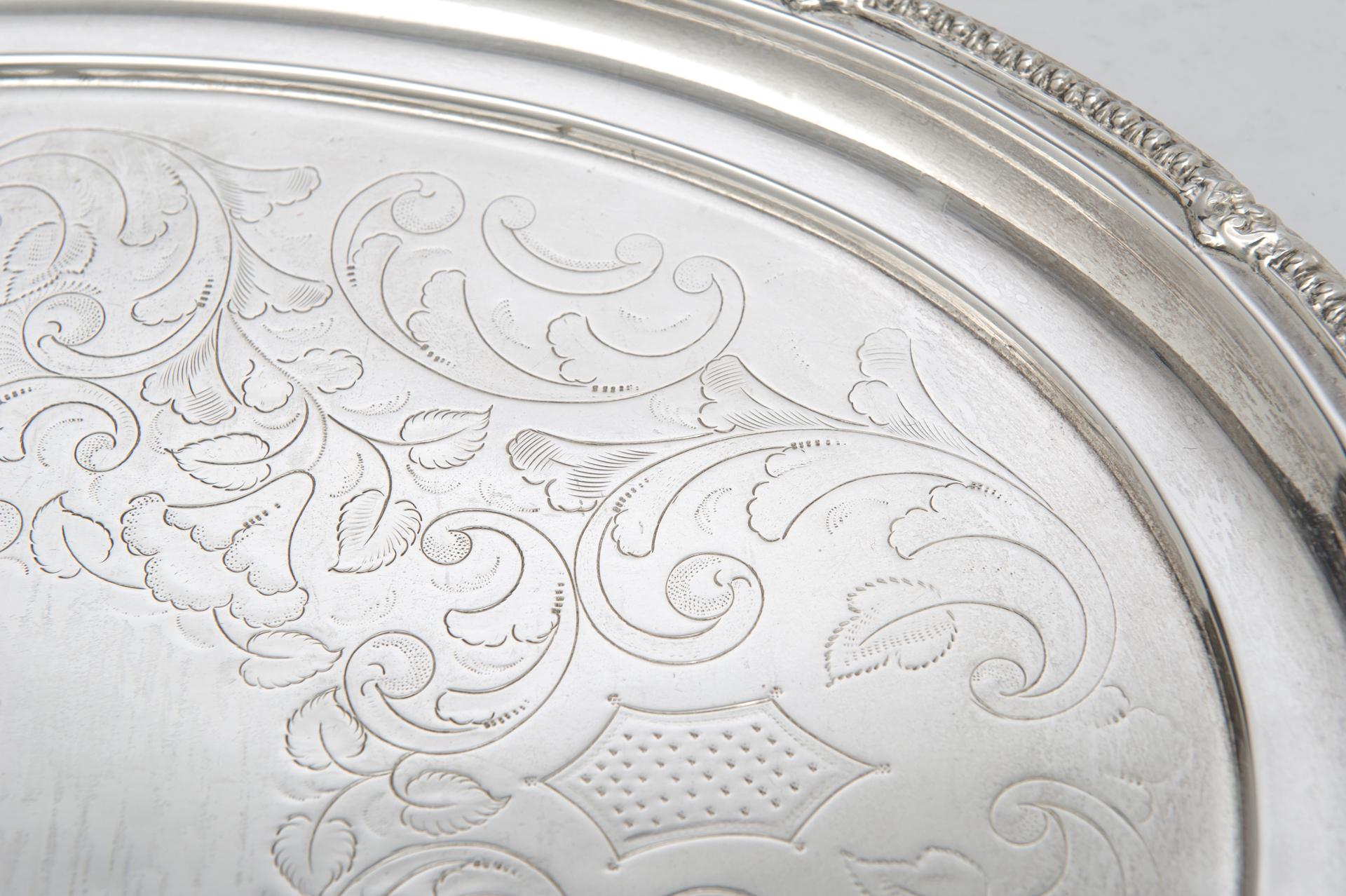 Hand-Carved Oval Engraved Silver Plated Belgian Tray For Sale