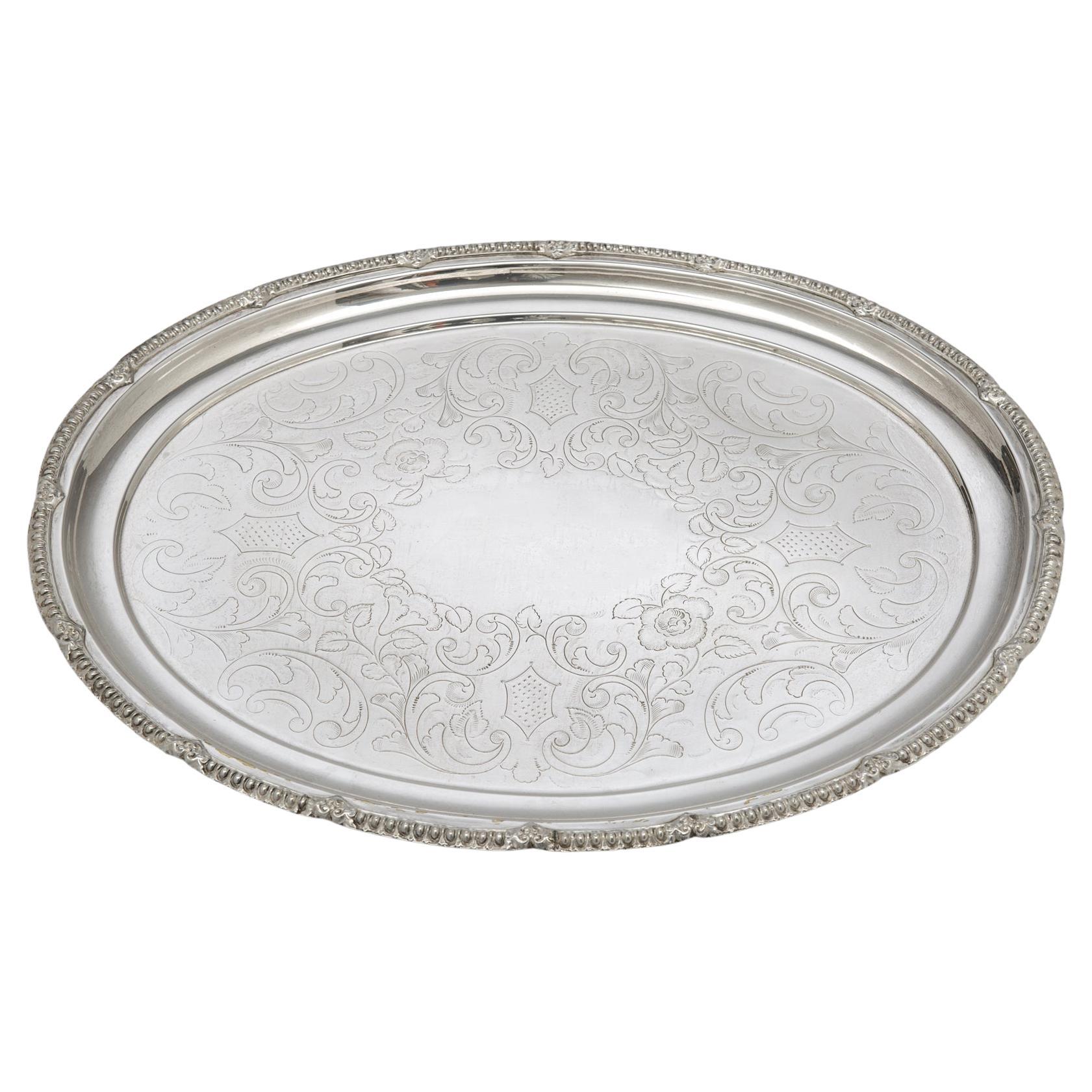Oval Engraved Silver Plated Belgian Tray For Sale