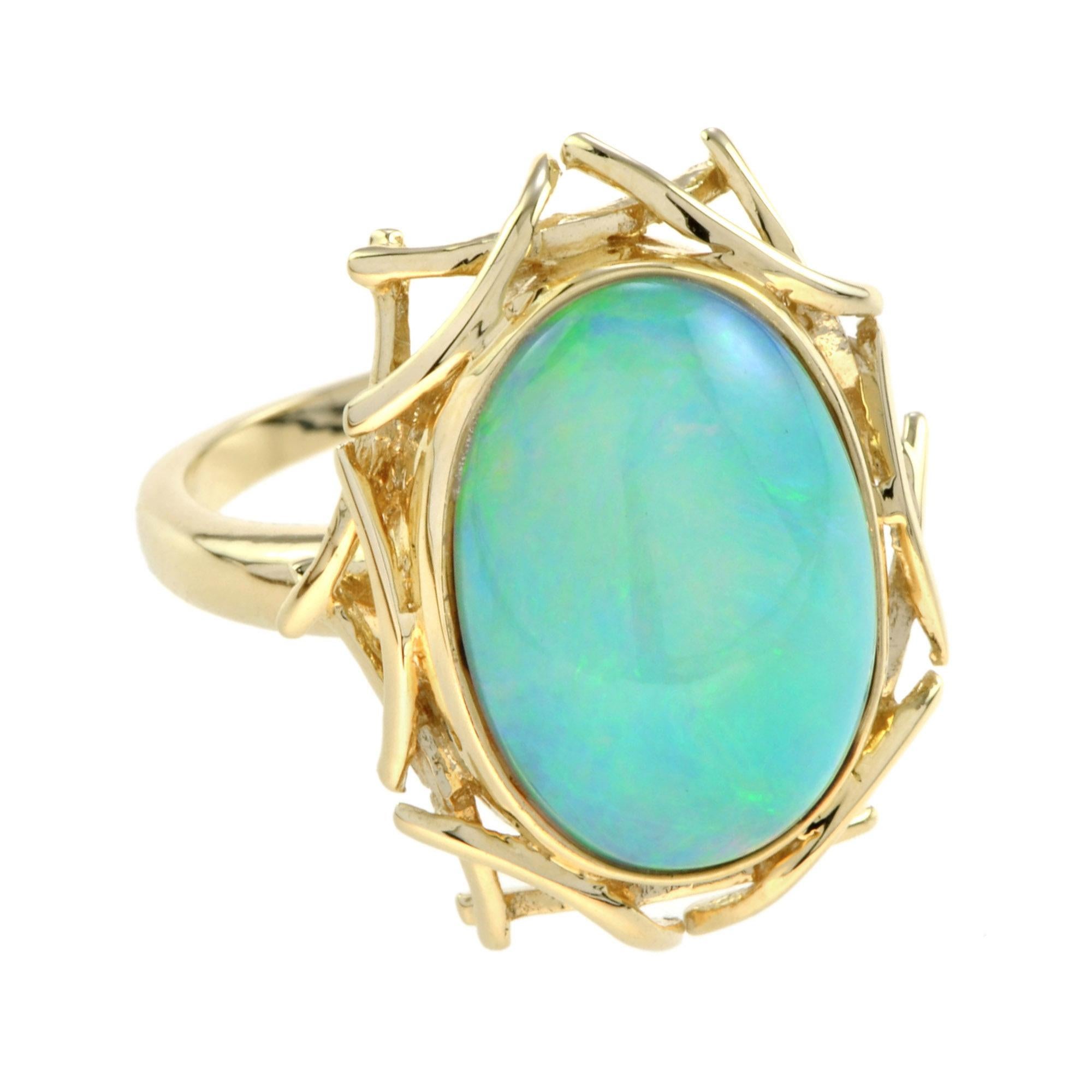 Delicate lines are wound in an oval motion to create elegant yet contemporary bird’s nest design. The Ethiopian Opal represents an egg in the nest, all set in 18k yellow gold. 
Ring Information
Total weight: 8.80 g. (approx. total weight)
Center