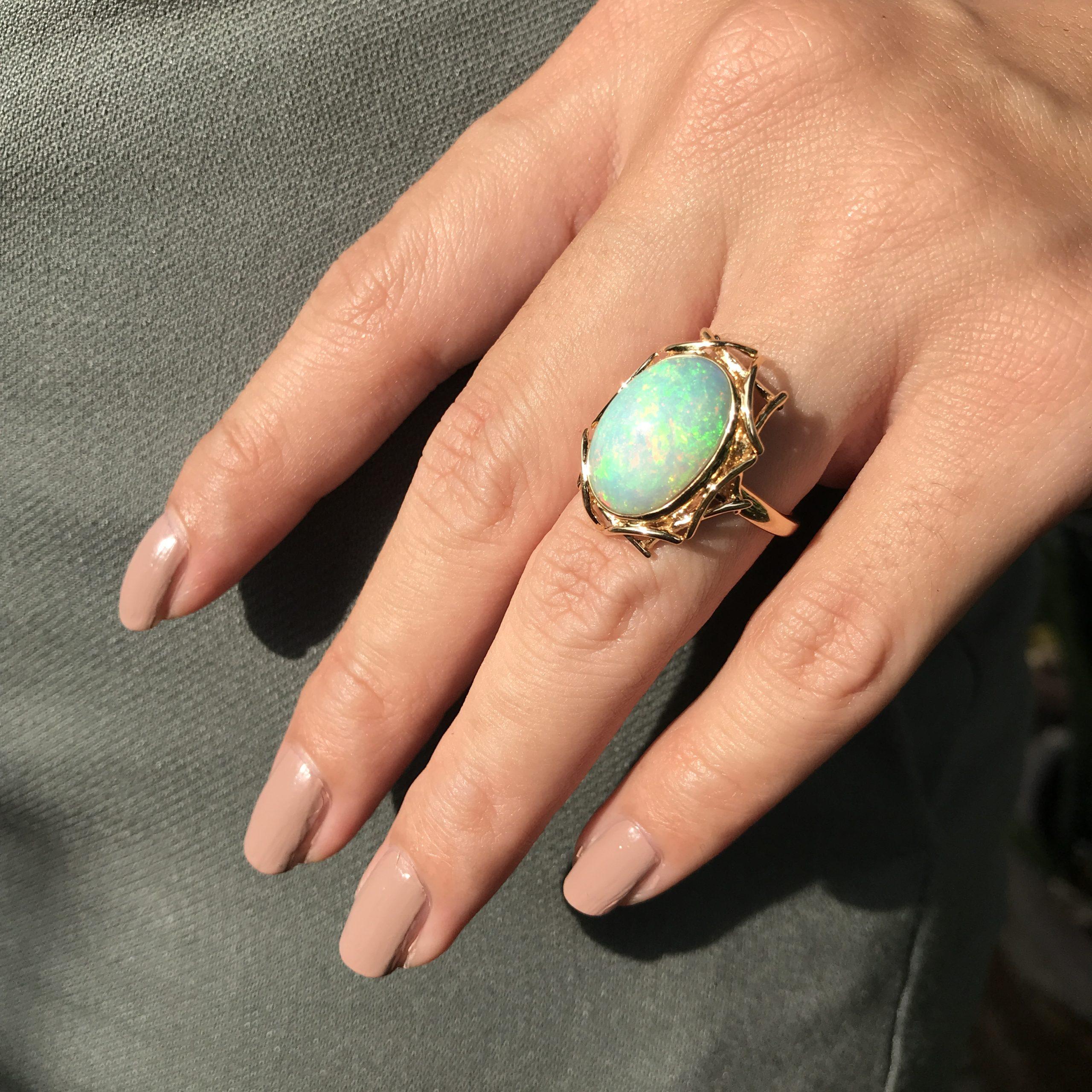 Oval Ethiopian Opal Bird Nest Design Cocktail 18K Yellow Gold Ring For Sale 2