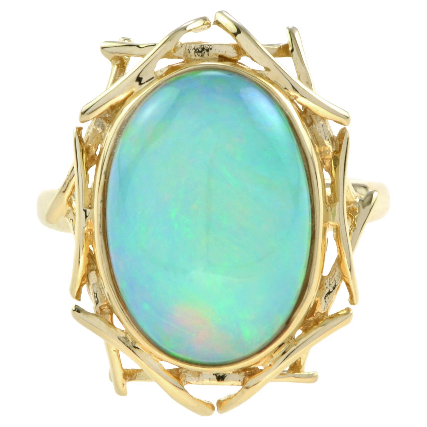 Oval Ethiopian Opal Bird Nest Design Cocktail 18K Yellow Gold Ring For Sale