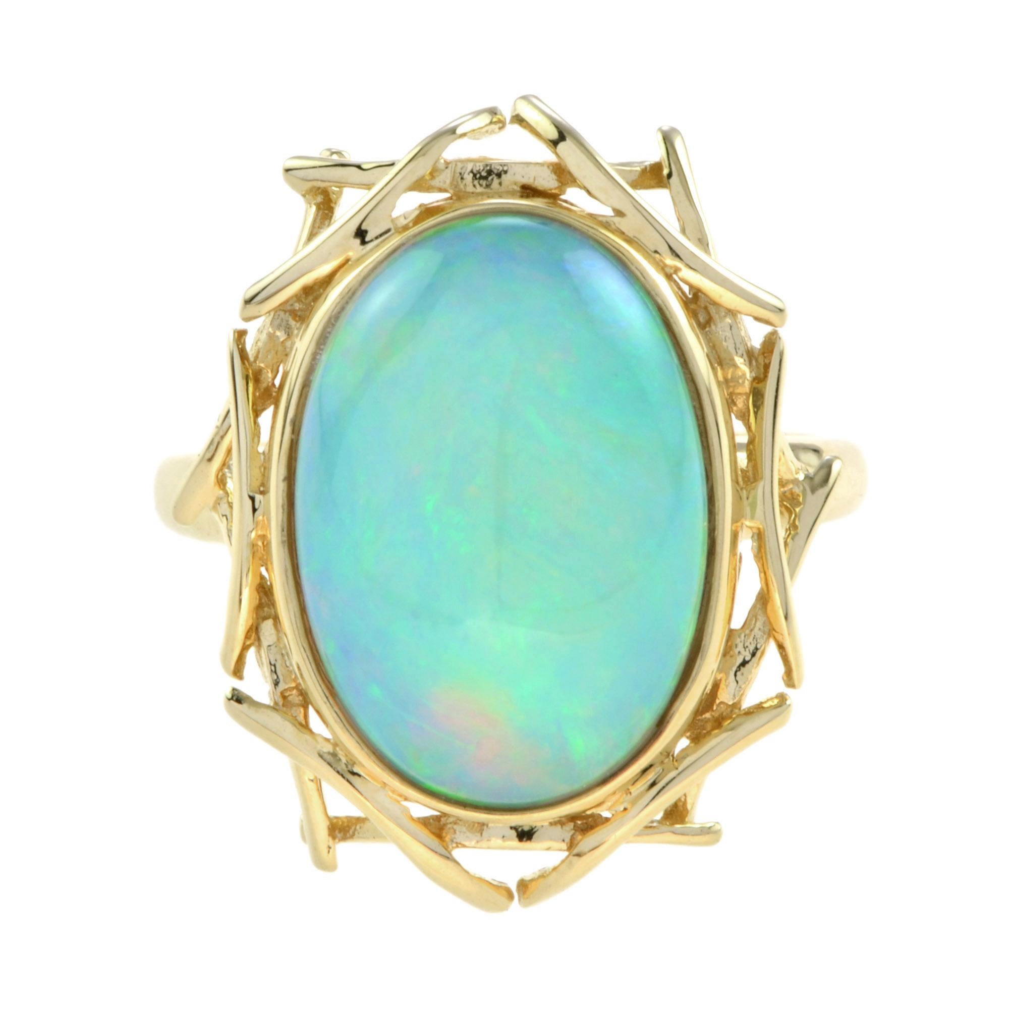Art Deco Oval Ethiopian Opal Bird Nest Design Cocktail Ring in 18K Yellow Gold