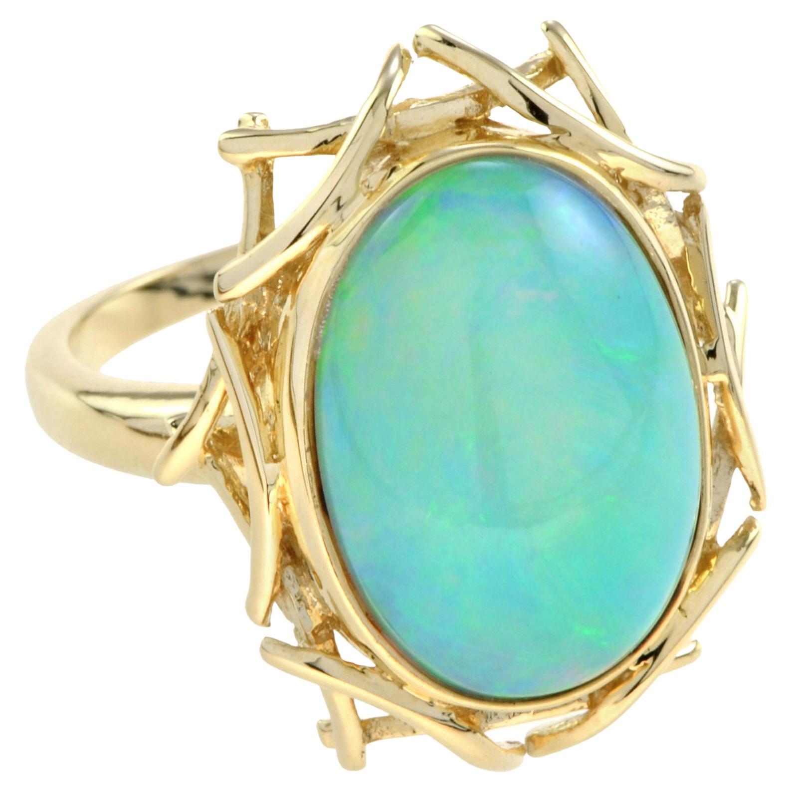 Oval Ethiopian Opal Bird Nest Design Cocktail Ring in 18K Yellow Gold For Sale