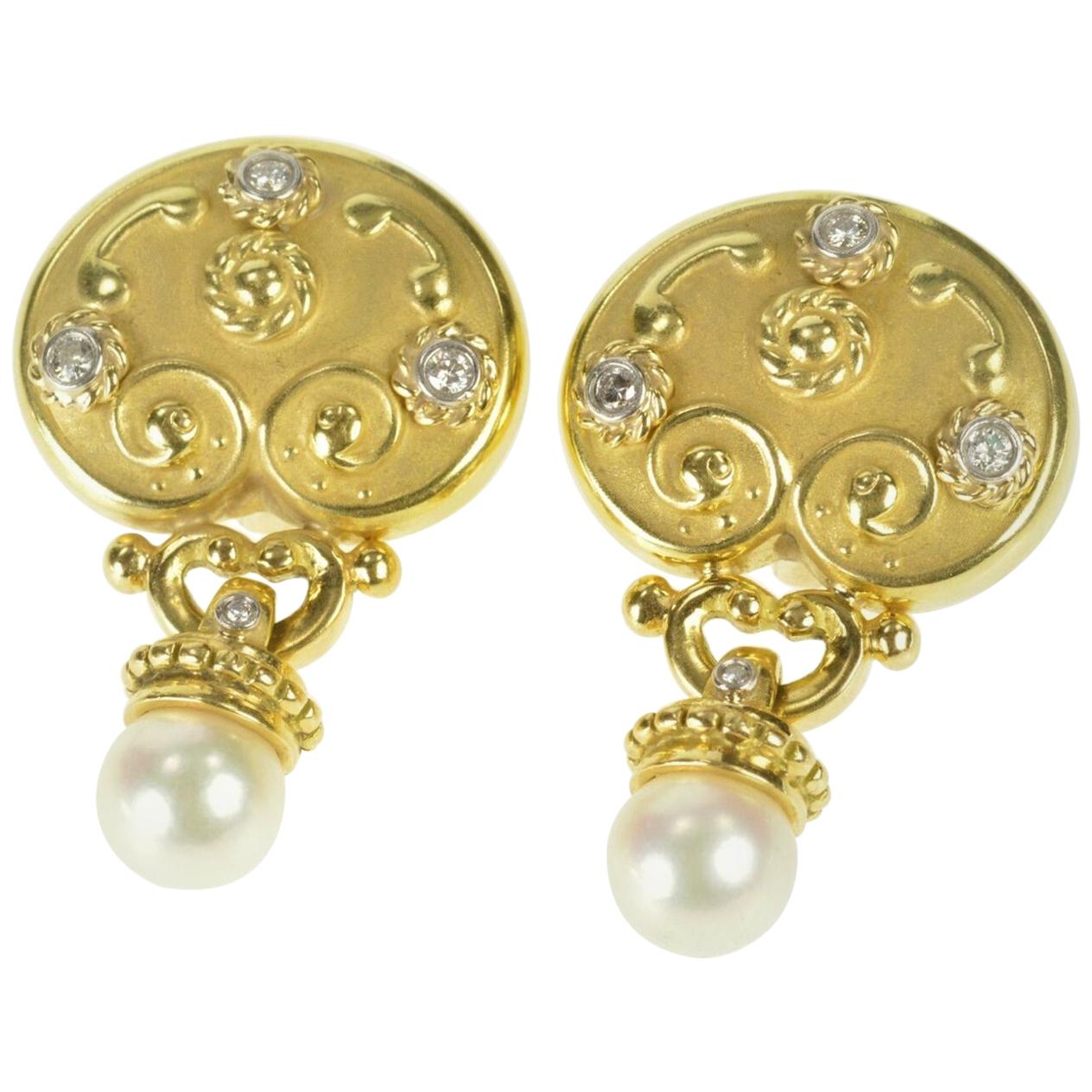 Oval Etruscan Diamond Pearl Statement Gold Earrings