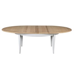 French whitened & pearl-grey lacquered oval Table in Oak with 2 extensions