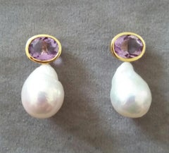 Oval Faceted Amethyst 14 Karat Yellow Gold Bezel Baroque Pearls Stud Earrings