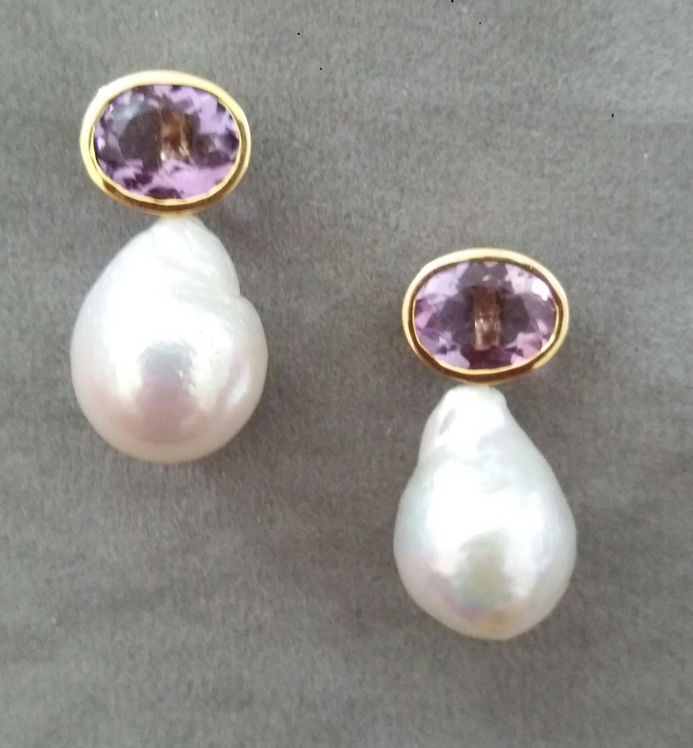 Oval Cut Oval Faceted Amethyst 14 Karat Yellow Gold Bezel Baroque Pearls Stud Earrings For Sale